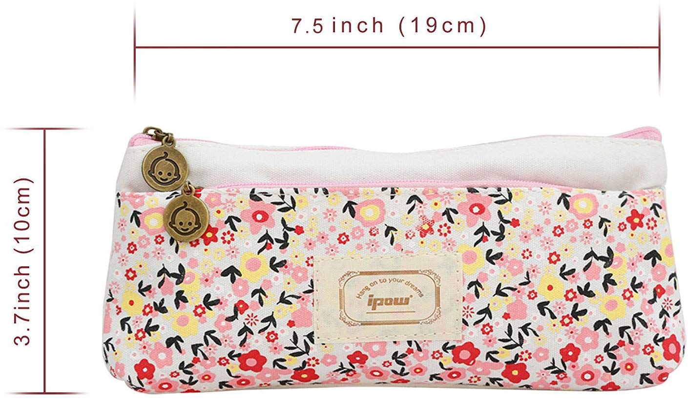 Ipow Set of 4 Pastorable Flower Floral Canvas Double Zipper Large Make Up Cosmetic Pen Pencil Stationery Storage Pouch Bag Case - Image 3