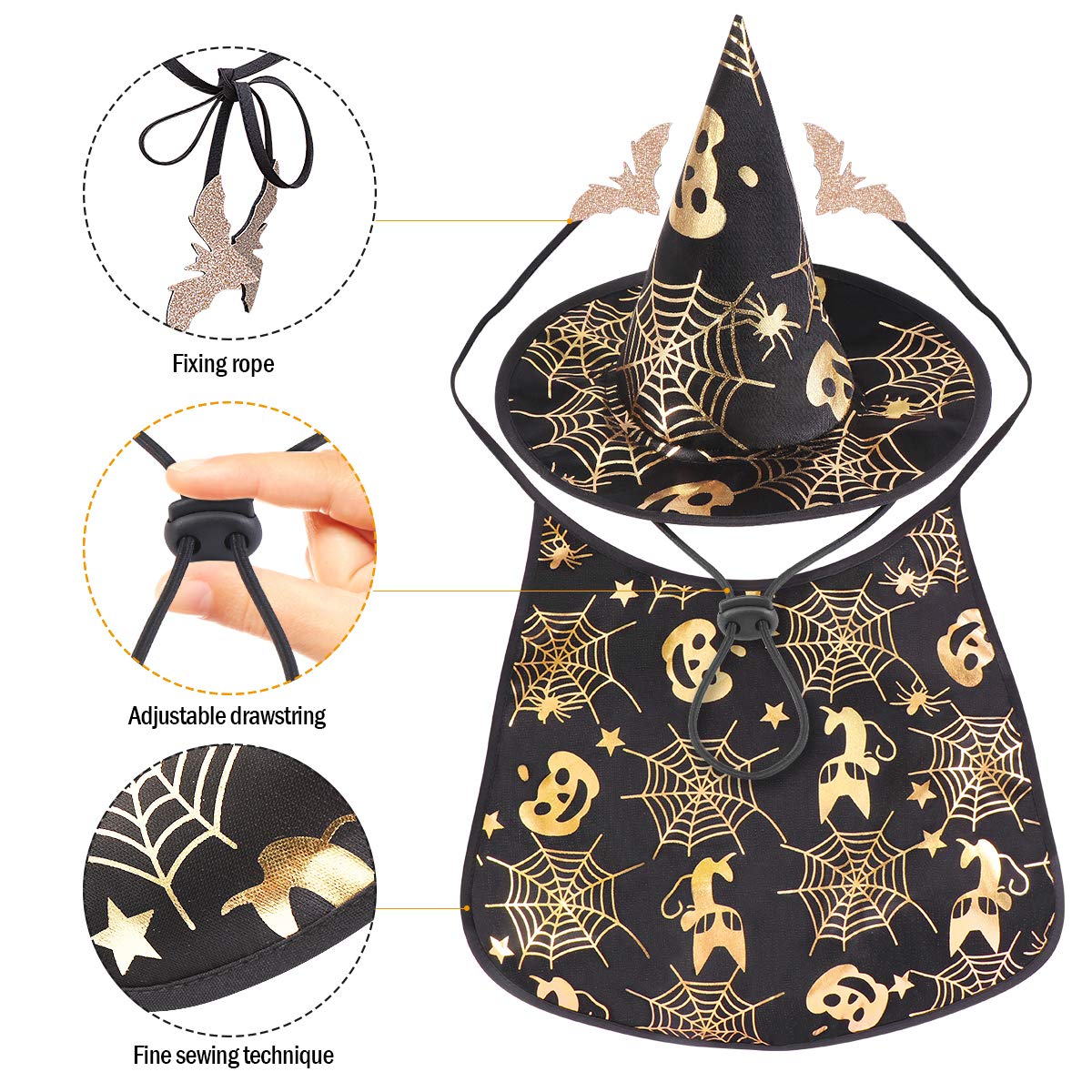 POPETPOP Pet Halloween Costumes Cape with Wizard Hat Dog Cat Halloween Apparels (Size S), As Shown - Image 2