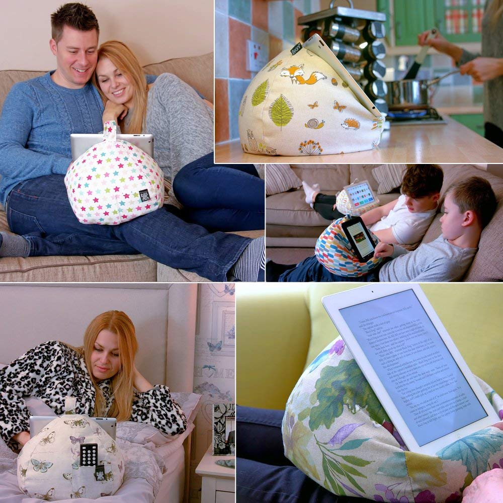 iBeani iPad and Tablet Cushion Stand - Bean Bag Holder For All Devices - Securely Holds at Any Angle on Any Surface - Handy Side Pocket - Range of Designs - Purple - Image 4