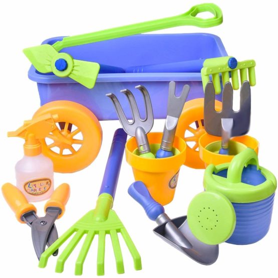 deAO Pull along Kids Wagon Wheelbarrow and Gardening Tools Play Set Includes 10 Accessories and 4 Plant Pots - Image 3