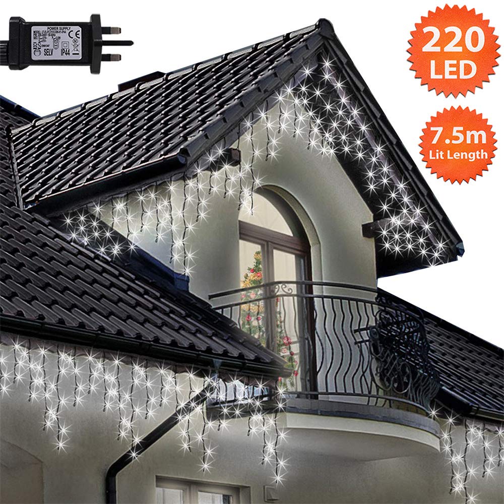ANSIO® Christmas Lights 220 LED 7.5m/24ft Icicle Lights Outdoor & Indoor Cool White Decorations String Fairy Outside Lights with Timer for Xmas Garden Bedroom & Party