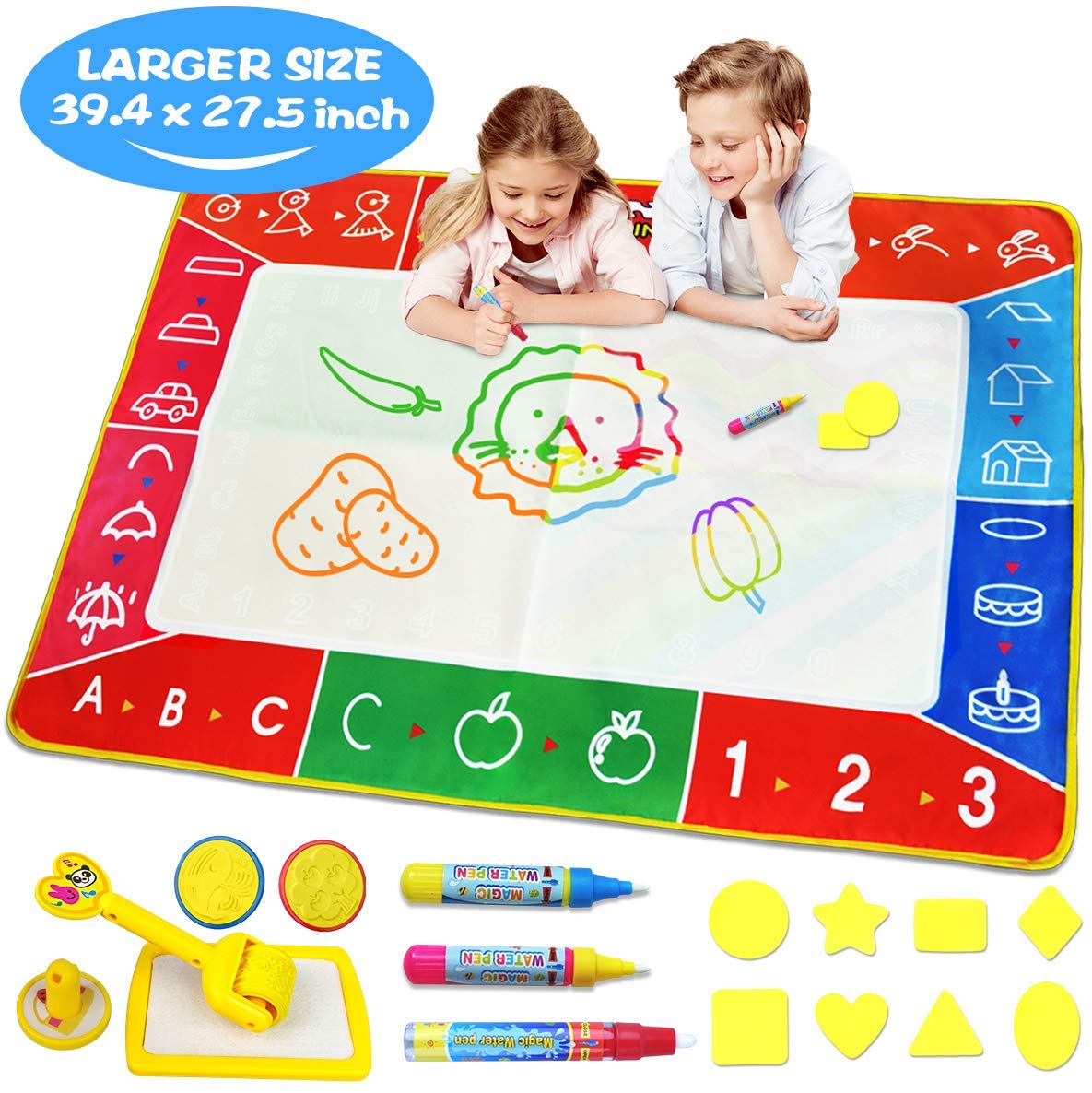 LOYO Water Doodle Magic Mat, 100 x 78cm Multicolored No Mess Water Drawing Mat with Water Pens & Stamps
