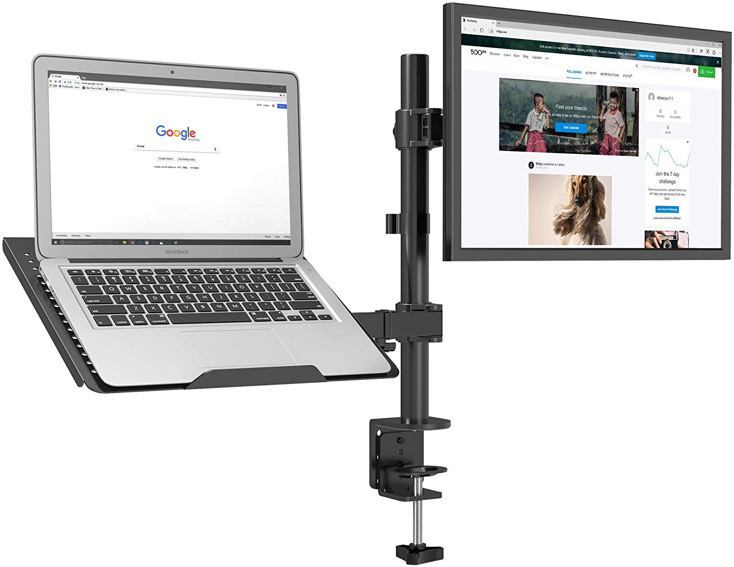 BONTEC Monitor Arm Mount with Laptop Tray for 13 to 27 inch LCD LED Screen & up to 17 inch Notebook,Tilt Rotation Swivel Ergonomic Desk Stand Bracket with Clamp - Image 2