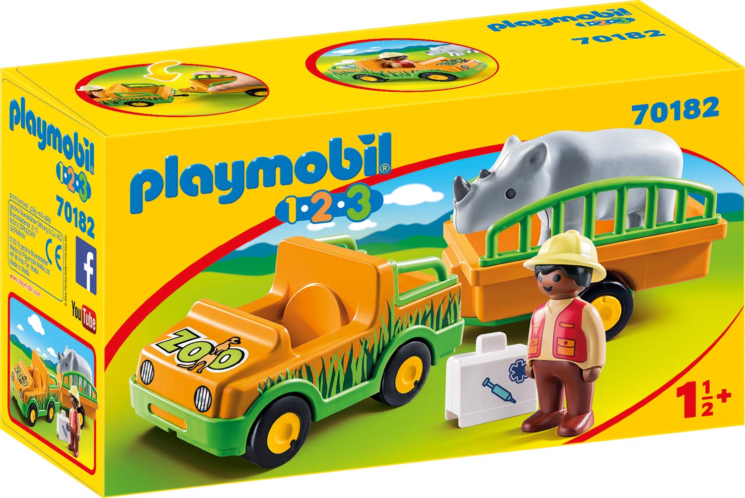 Playmobil 1.2.3 70182 Zoo Vehicle with Rhinoceros, for Children Ages 1.5 - 4