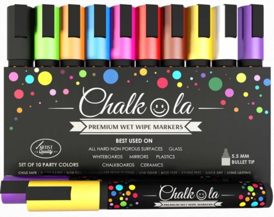 Chalk Pens - Pack of 10 neon Colour Markers. Used on Whiteboard, Chalkboard, Window, Blackboard - 6mm Reversible Bullet & Chisel Tip