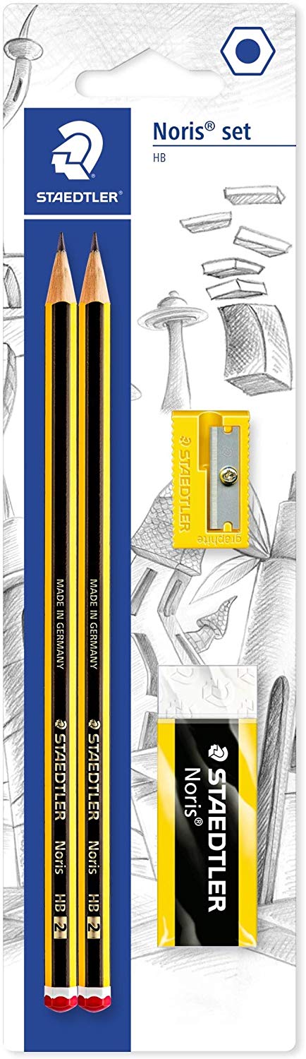 Staedtler 120 SBK-1 Pencils Noris, HB Hexagon, Set of 2, 1 x Pencil Sharpener, 1 Premium Eraser, Made in Germany