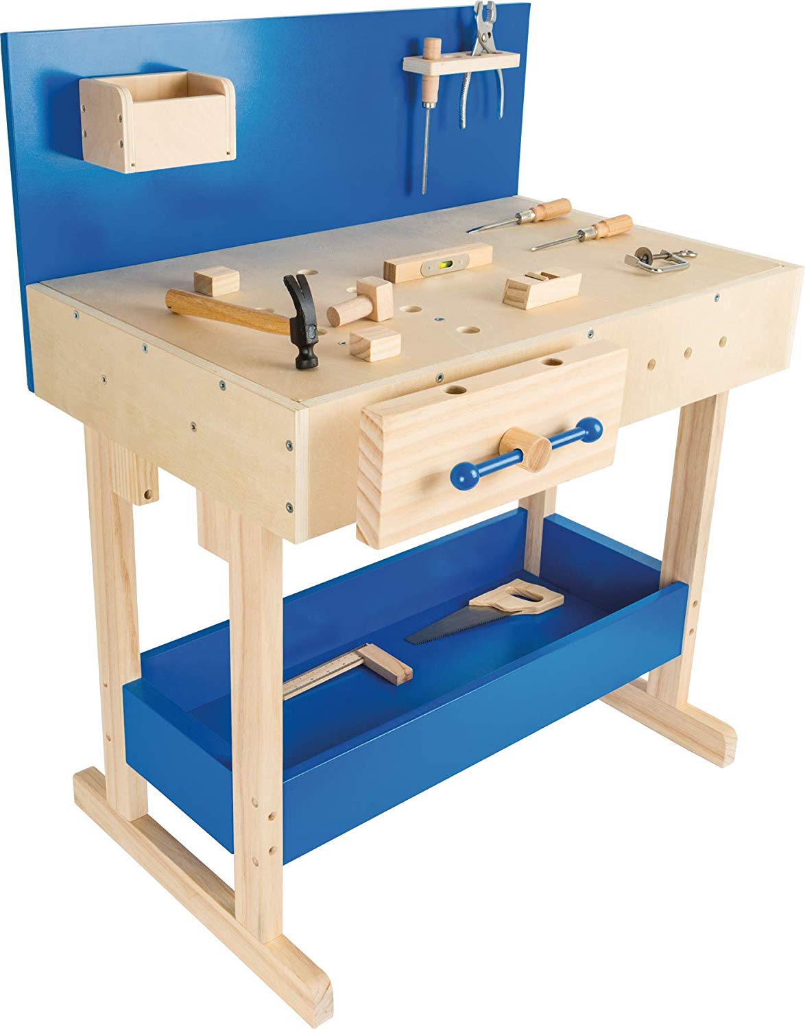 small foot 10839 Workbench in natural and blue wood, with large worktop and tools, from 8 years old, Multicoloured, standard size