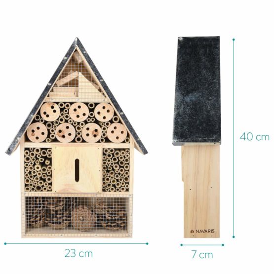 Navaris XL Wooden Insect Hotel - 23 x 40 x 7 cm - Natural Wood Insect Home - Garden Shelter Bamboo Nesting Habitat - Bees Butterflies Ladybugs Insects - Image 3