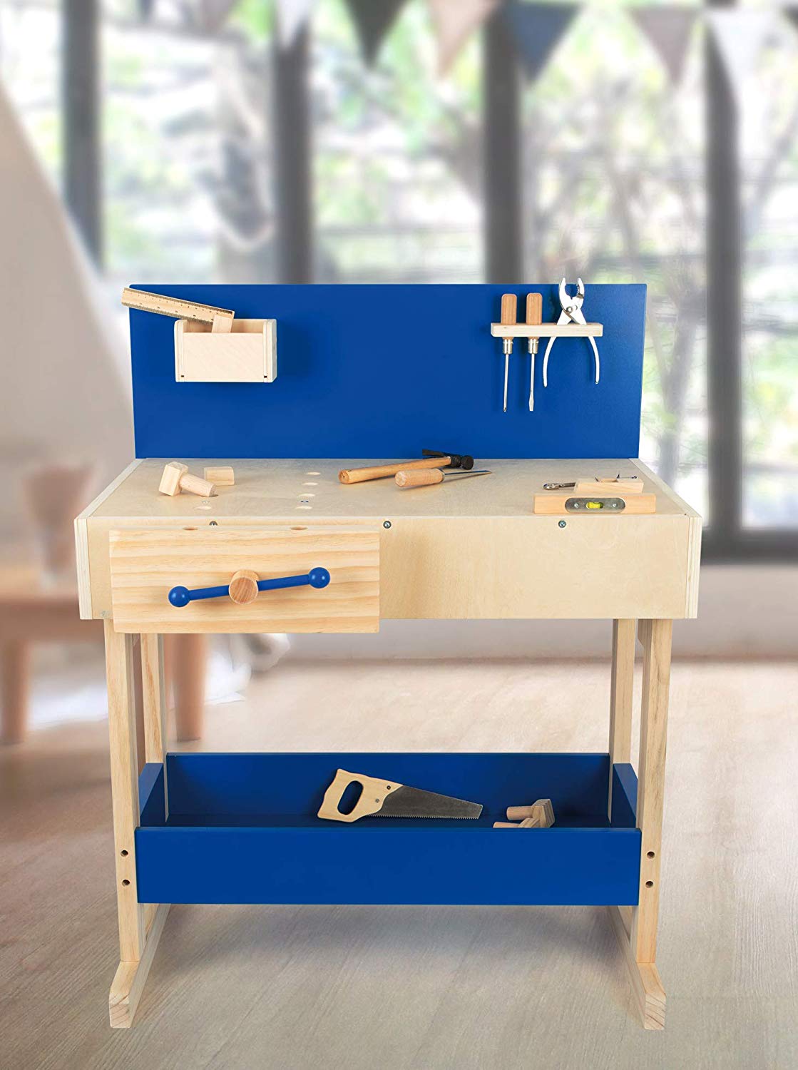 small foot 10839 Workbench in natural and blue wood, with large worktop and tools, from 8 years old, Multicoloured, standard size - Image 4