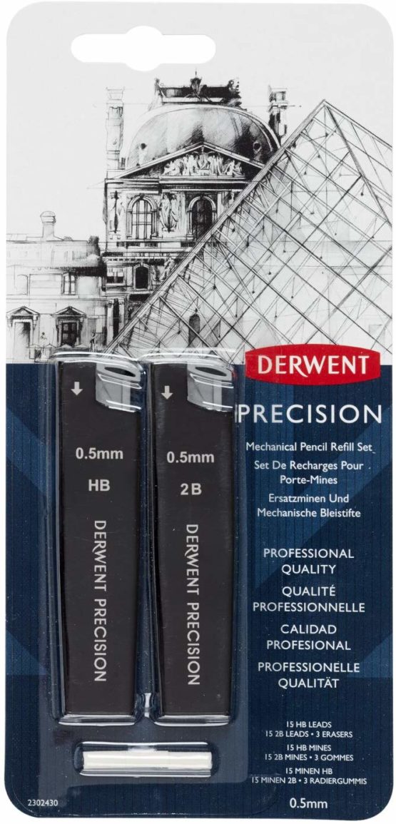 Derwent 0.5 mm Precision Mechanical Pencil Refill Set, HB/2B Leads and Erasers, Professional Quality, 2302430