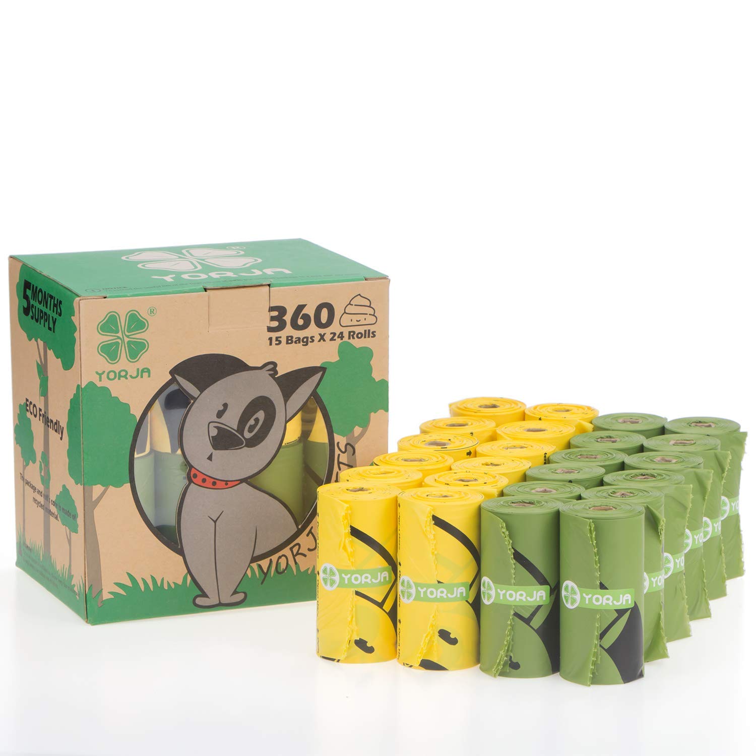 YORJA Dog Poo Bags, 360 Pet Poop Bags, Extra Thick and Strong 100% Leak-Proof Biodegradable Waste Bags, Green+yellow