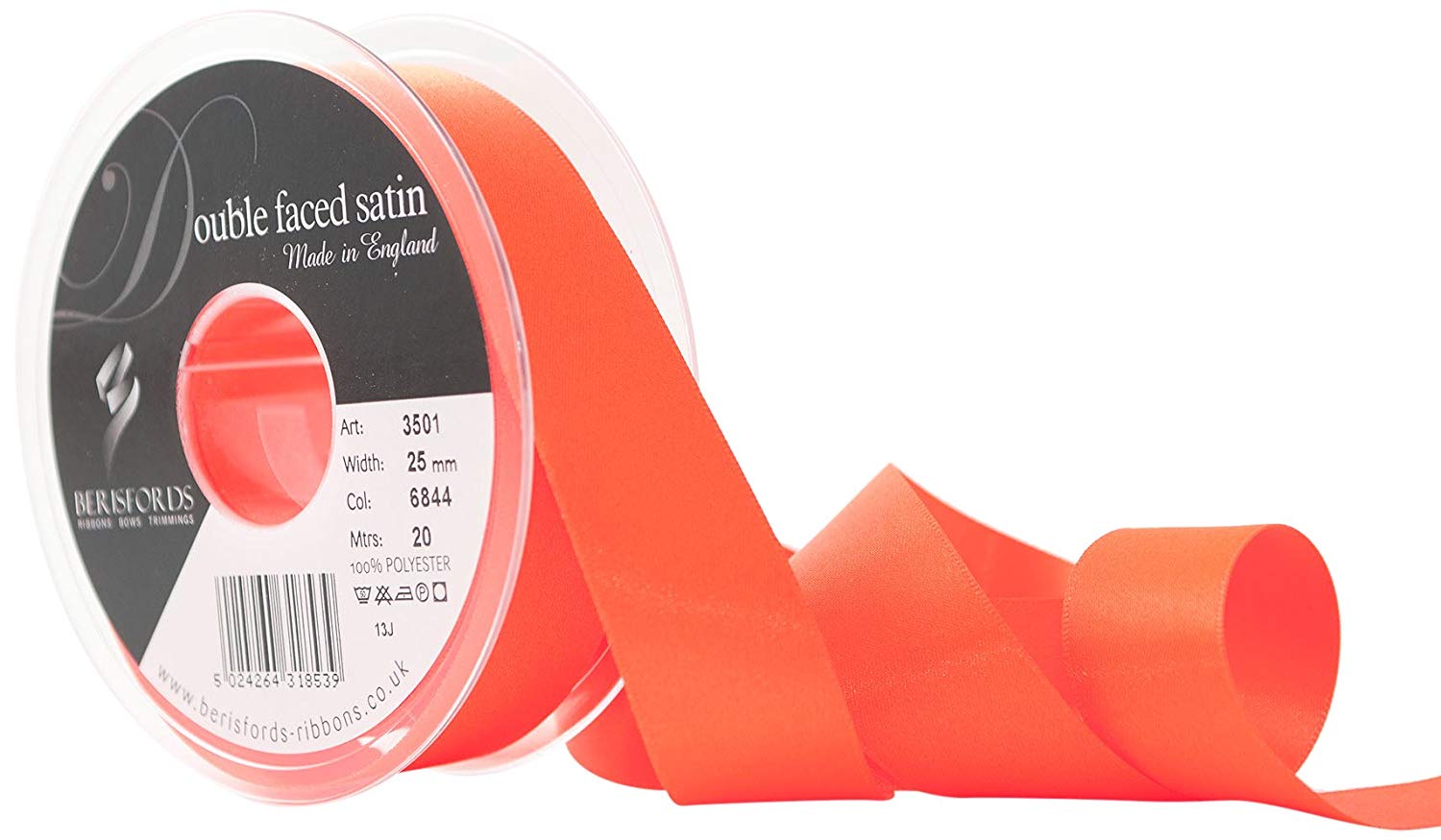 Berisfords Double Satin Ribbon, Flo Orange, 20 m, 25 mm
