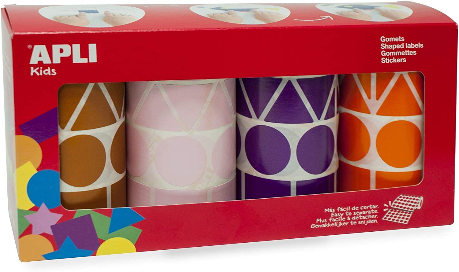 Apli Kids 11913 Set of 4 Rolls of Stickers Assorted Shapes and Colours, Brown/Pink/Purple/Orange, Orange,brown,pink,purple, XL