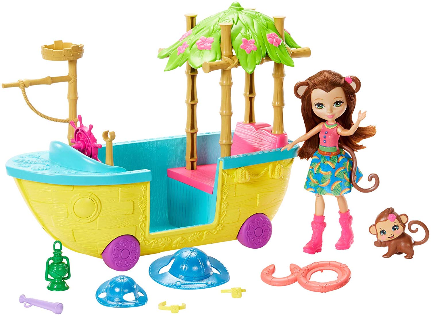 Enchantimals Junglewood Boat & Merit Monkey Doll (6-Inch) and Compass Animal Figure, 7+ Accessories, Assorted, Única