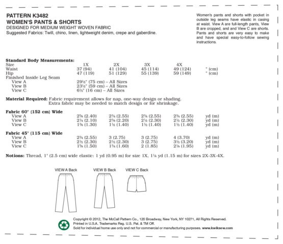 KWIK - SEW PATTERNS K3482 Size 1X - 2X - 3X - 4X Pants and Shorts, Pack of 1, White - Image 4