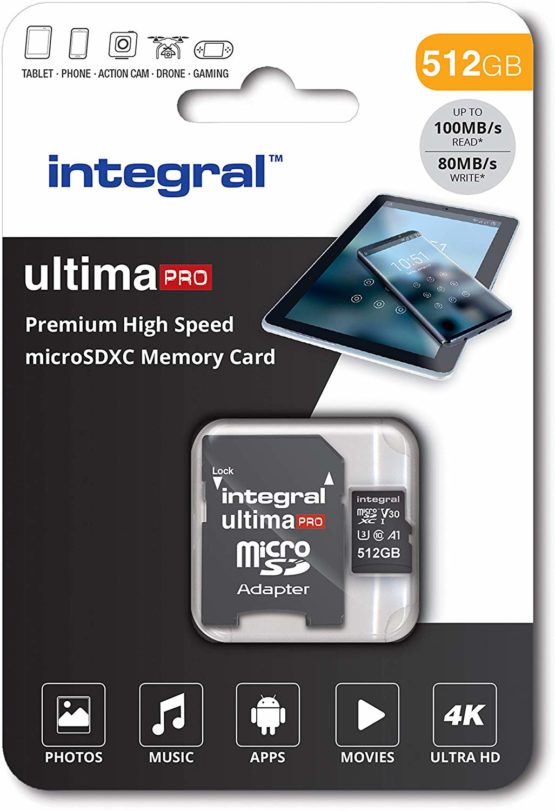 Integral INMSDX512G-100/80V30 512GB Micro SD Card 4K Video Premium High Speed Memory Card SDXC Up to 100MB s Read Speed and 50MB s Write speed V30 C10 U3 UHS-I A1