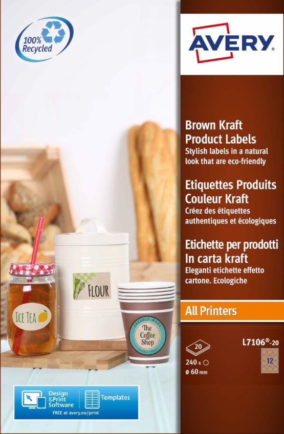 Avery L7106-20 Self-Adhesive Brown Kraft Round Labels, 12 Labels Per A4 Sheet