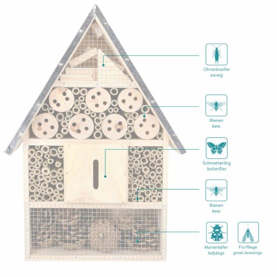 Navaris XL Wooden Insect Hotel - 23 x 40 x 7 cm - Natural Wood Insect Home - Garden Shelter Bamboo Nesting Habitat - Bees Butterflies Ladybugs Insects - Image 4
