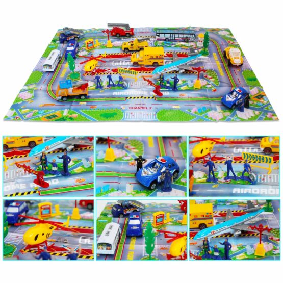deAO Deluxe 55-Piece Kids Commercial Airport Play Set in Storage Bucket with Toy Airplanes, Play Vehicles, Police Figures, and Accessories - Image 3