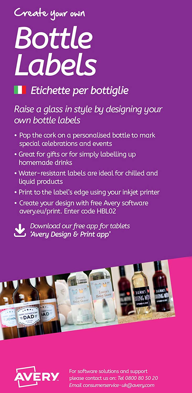 Avery Customisable Glossy Bottle Labels, Printable, for Wine Beer & Water Bottles, Smudge-Free and Water-Resistant, 95 x 64mm - Image 2