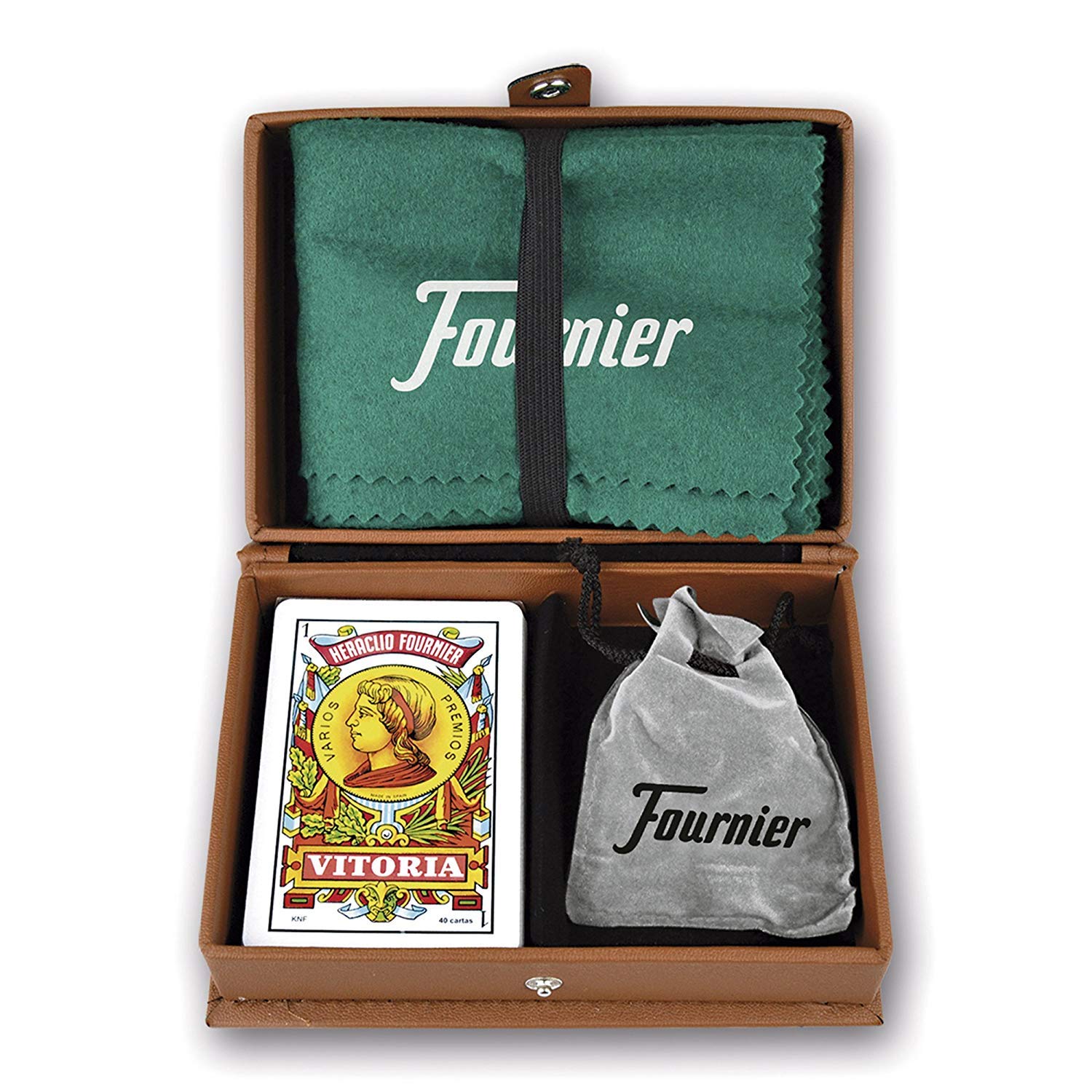 Fournier 10023417 Mus in Leatherette Case, Set - Brown - Spanish Deck of Playing Cards, Mat and Amaracos, 14 Years and Up