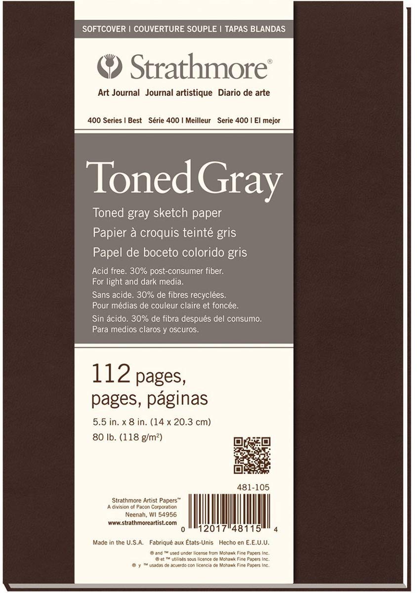 Strathmore 400 Toned 118gsm Paper Soft Cover Sketchbook, Fine Grain, 5.5 x 8.5 in, 56 Grey Sheets, For Professionals & Students