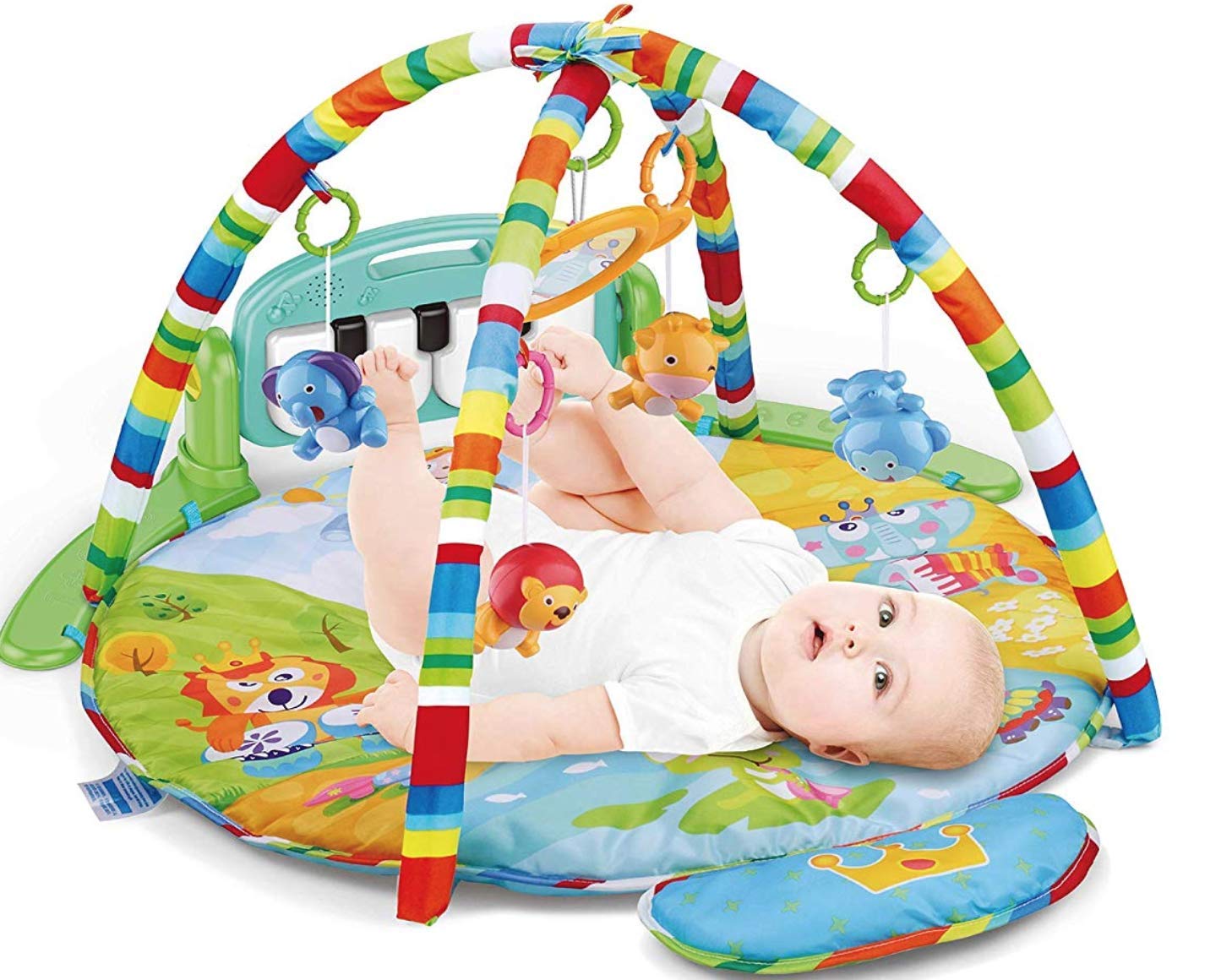 Meero London HE0610 Newborn Blue Round Play mat Gym with Large Keyboard 4 in 1 Kick & Play Activity Centre, Fun Animals