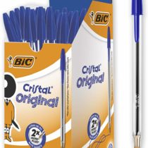 BIC Cristal Original Ballpoint Pens, Medium Point (1.0 mm) Every-Day Writing Pens with Clear Barrel, Blue, Box of 50