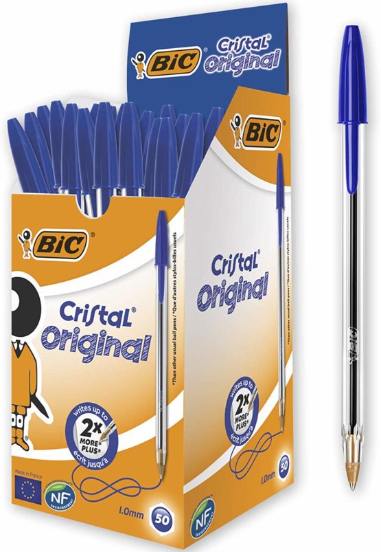 BIC Cristal Original Ballpoint Pens, Medium Point (1.0 mm) Every-Day Writing Pens with Clear Barrel, Blue, Box of 50