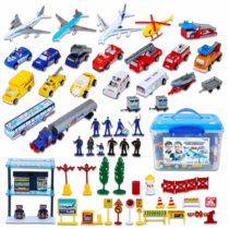 deAO Deluxe 55-Piece Kids Commercial Airport Play Set in Storage Bucket with Toy Airplanes, Play Vehicles, Police Figures, and Accessories