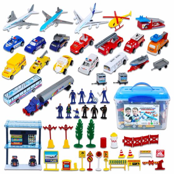 deAO Deluxe 55-Piece Kids Commercial Airport Play Set in Storage Bucket with Toy Airplanes, Play Vehicles, Police Figures, and Accessories