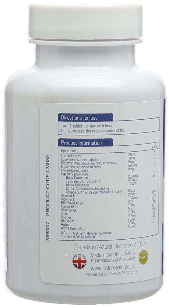 Natures Aid Lutein Eye Complex with Bilberry 90 Tablets (For the Maintenance of Normal Vision, with Alpha Lipoic Acid, Zinc, and Vitamins A, B2, C and E, Vegan Society Approved, Made in the UK) - Image 3