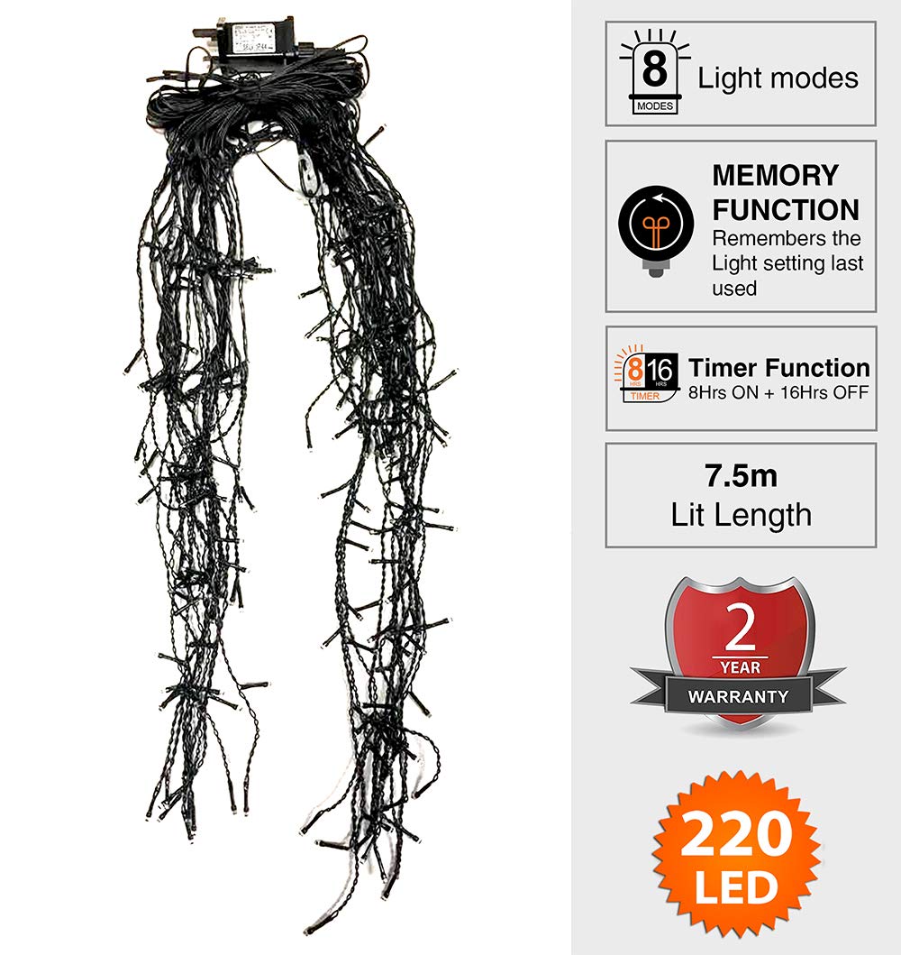 ANSIO® Christmas Lights 220 LED 7.5m/24ft Icicle Lights Outdoor & Indoor Cool White Decorations String Fairy Outside Lights with Timer for Xmas Garden Bedroom & Party - Image 3