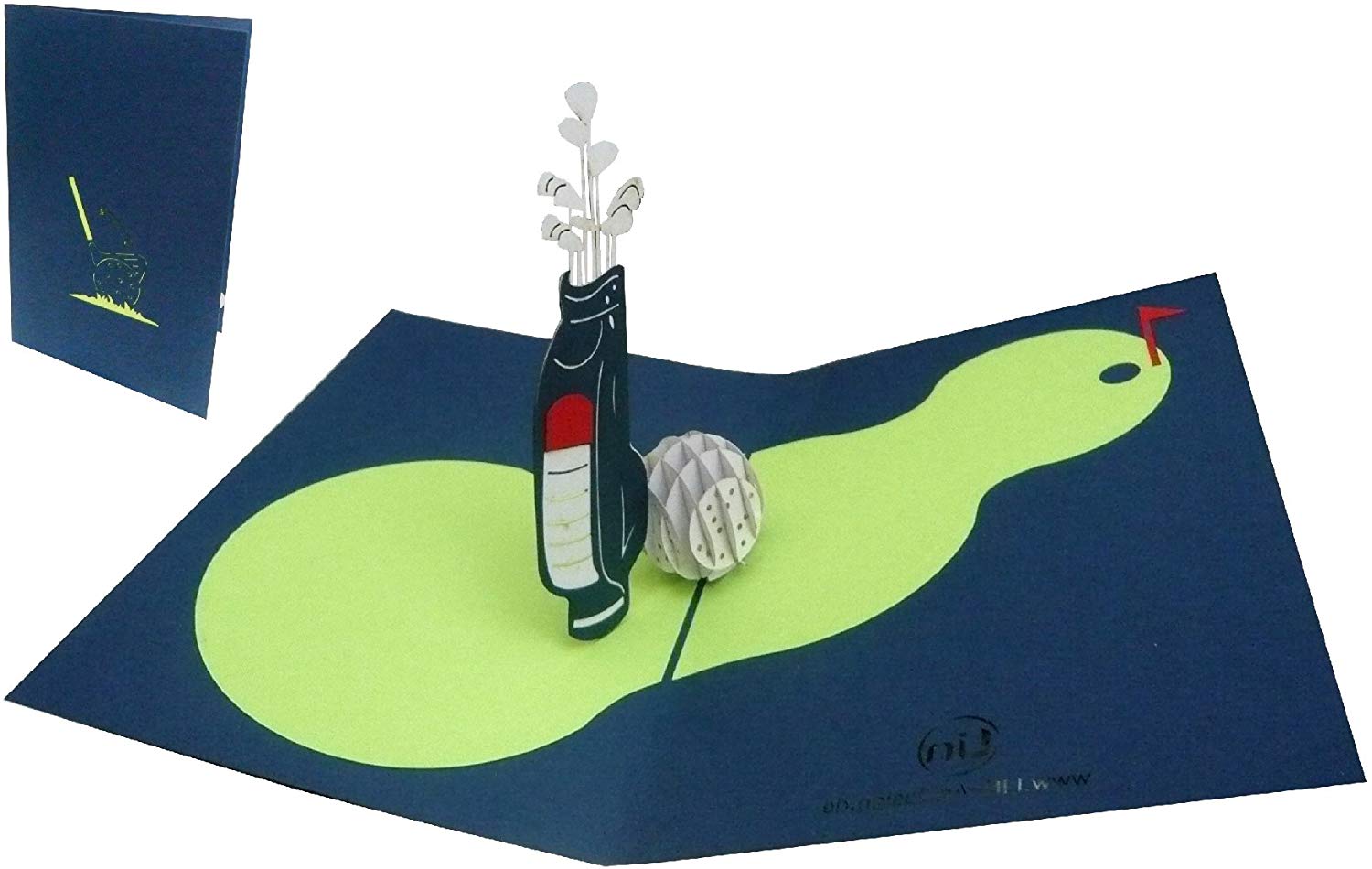 LIN - Pop Up 3D Greeting Card for a Golfer's Birthday, Golf Club and Ball, Handmade, (#213), darkblue, A5