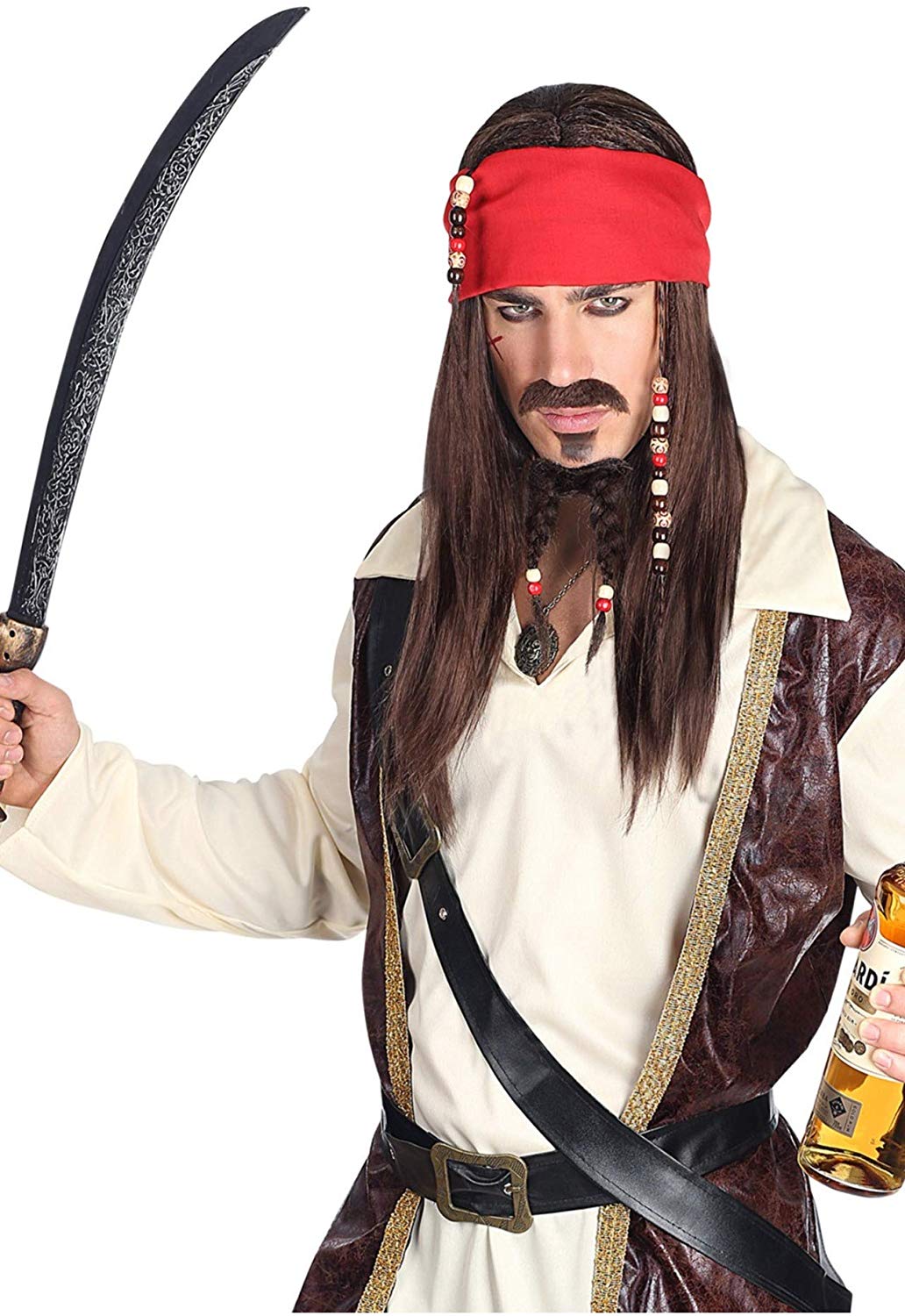Widmann Srl-WDM06393 VD-Pirate Wig with Bandana Moustache Lace Beads for Adult Men Black, WDM06393, 24 cm - Image 3