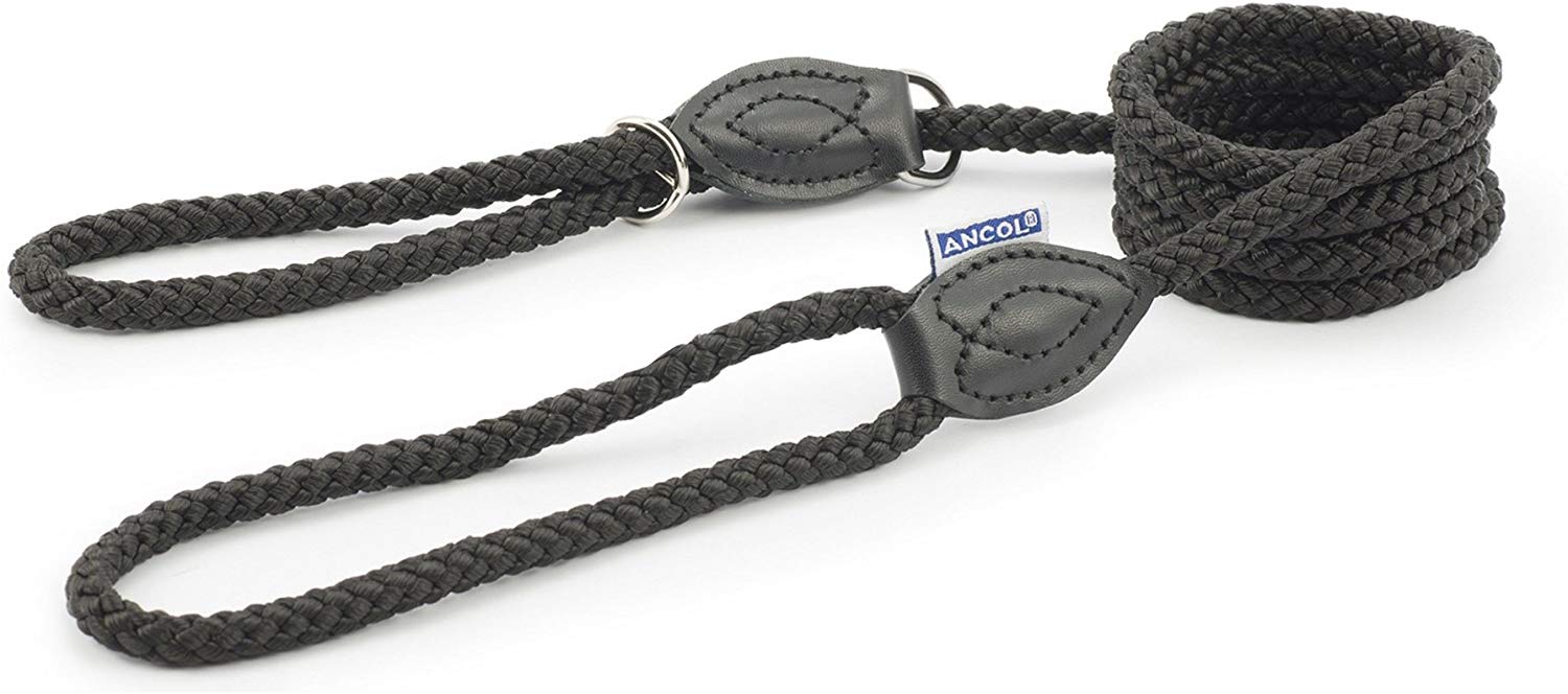 Ancol Rope Slip & Control Lead Black 1.5mx12mm, 1.5 meters