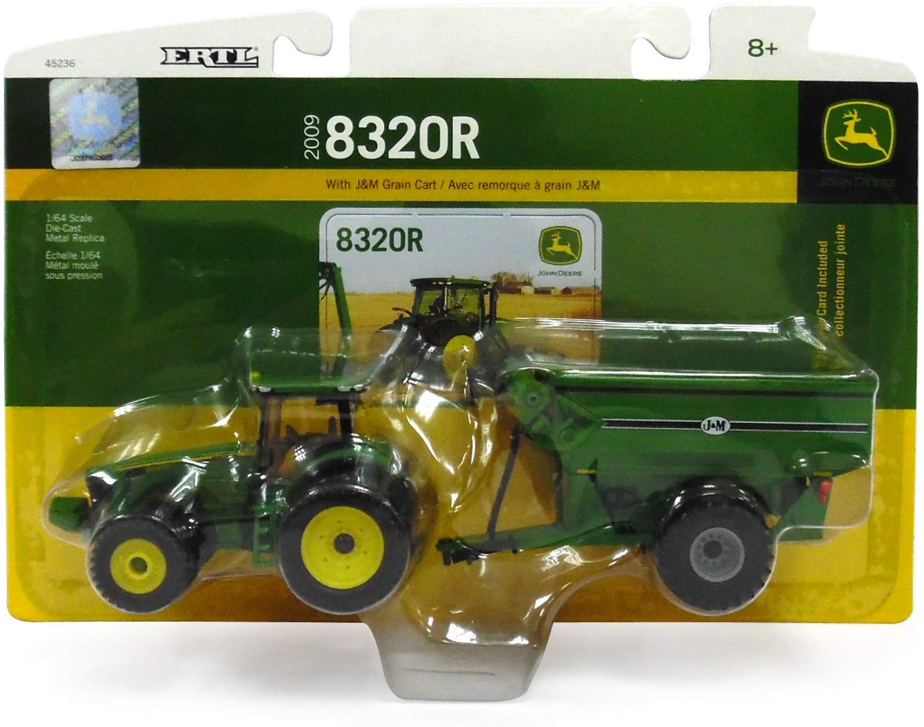 John Deere ERTL Tractor Toy with J&M Grain Cart, 1:64 Scale, Farm and Construction Toys, Authentic Die-Cast Tractor Toys - Image 2