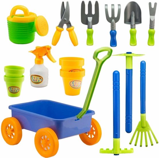 deAO Pull along Kids Wagon Wheelbarrow and Gardening Tools Play Set Includes 10 Accessories and 4 Plant Pots - Image 2