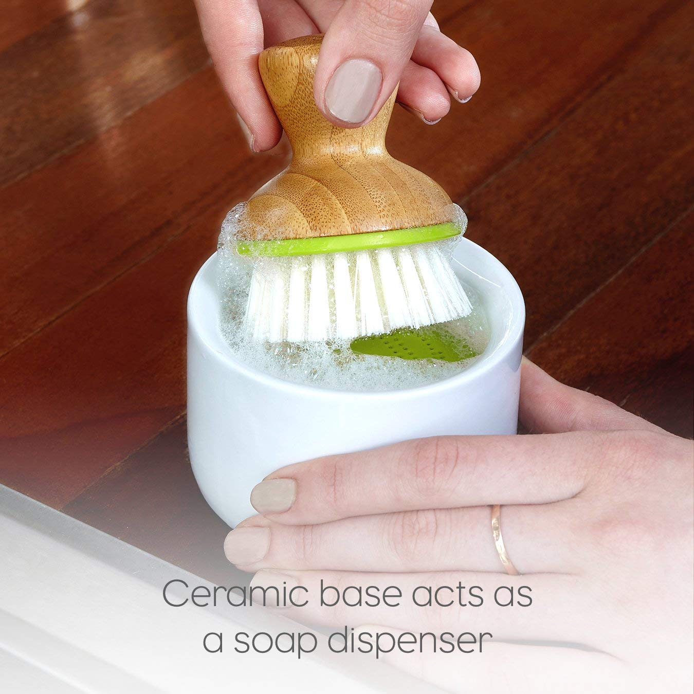 Full Circle Bubble Up ceramic soap dispenser & dish brush set, White Dish, Green Brush - Image 4