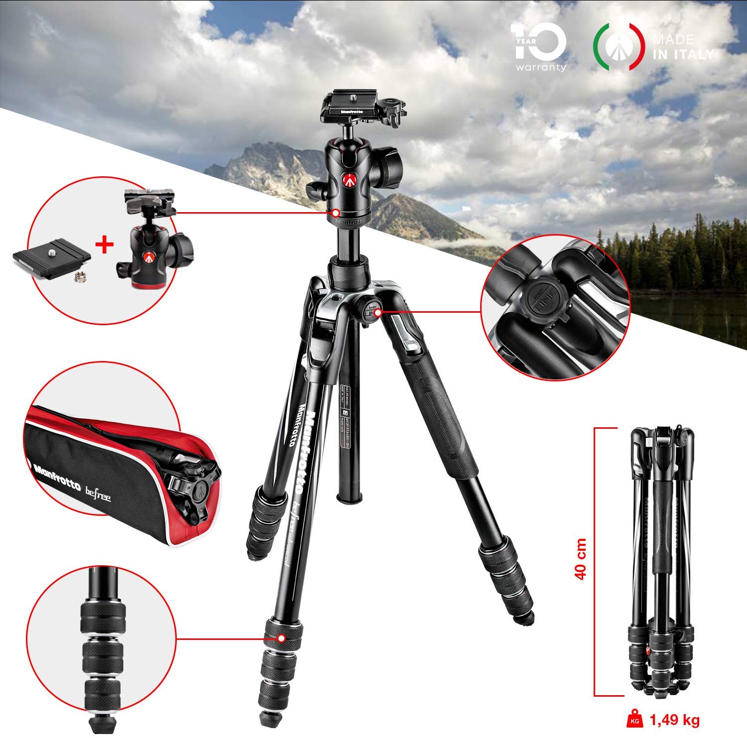 Manfrotto Befree Advanced Camera Tripod Kit with Twist Closure, Travel Tripod Kit with Ball Head, Portable and Compact