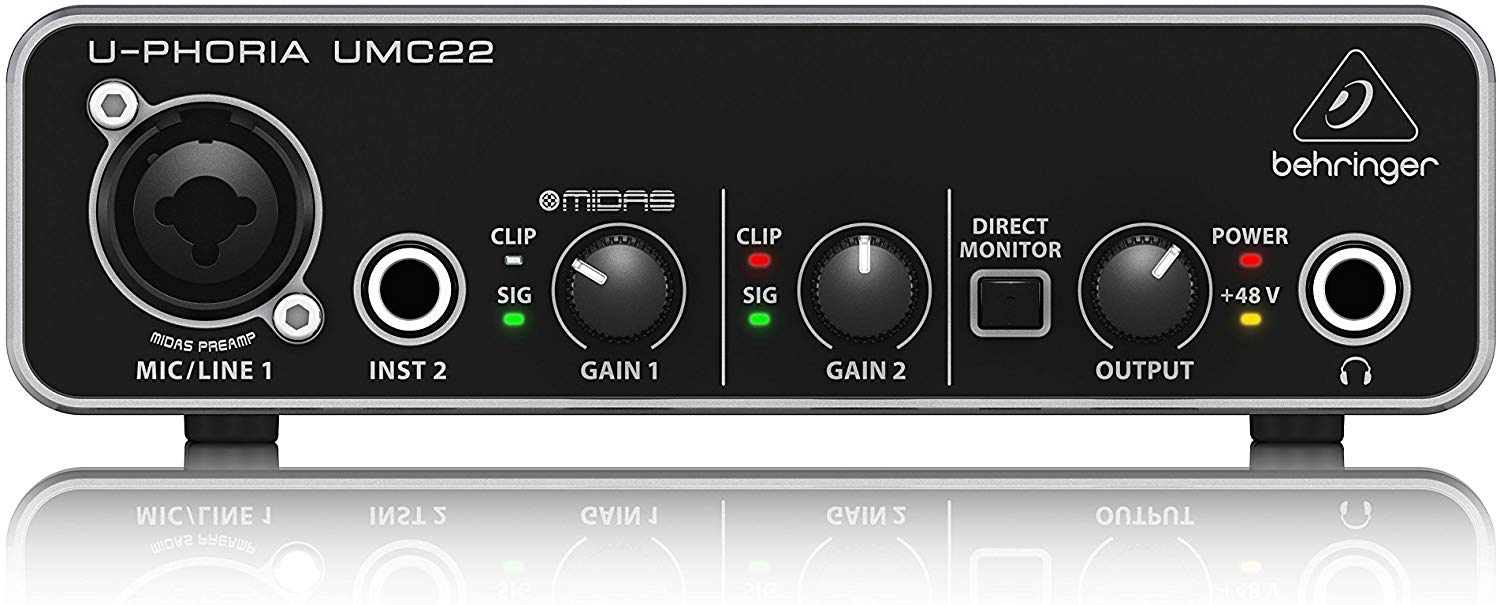 Behringer UMC22 Audiophile 2x2, 48 kHz USB Audio Interface with Midas Mic Preamplifier for Recording Microphones and Instruments