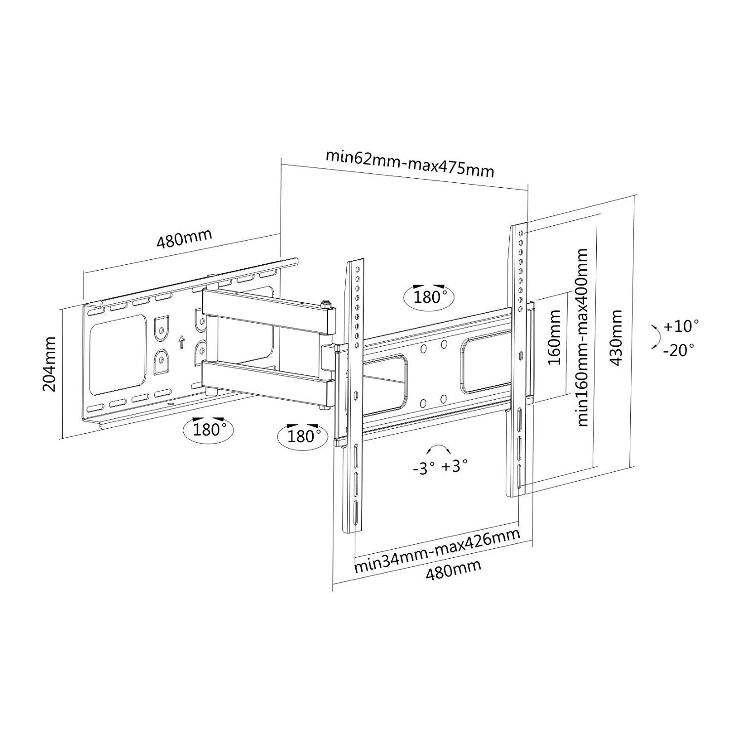 PureMounts TV Bracket with 62-475 mm Wall Clearance, Tiltable 10°/-20°, Swivels 90°/-90°, Maximum Load 50 kg - Image 4