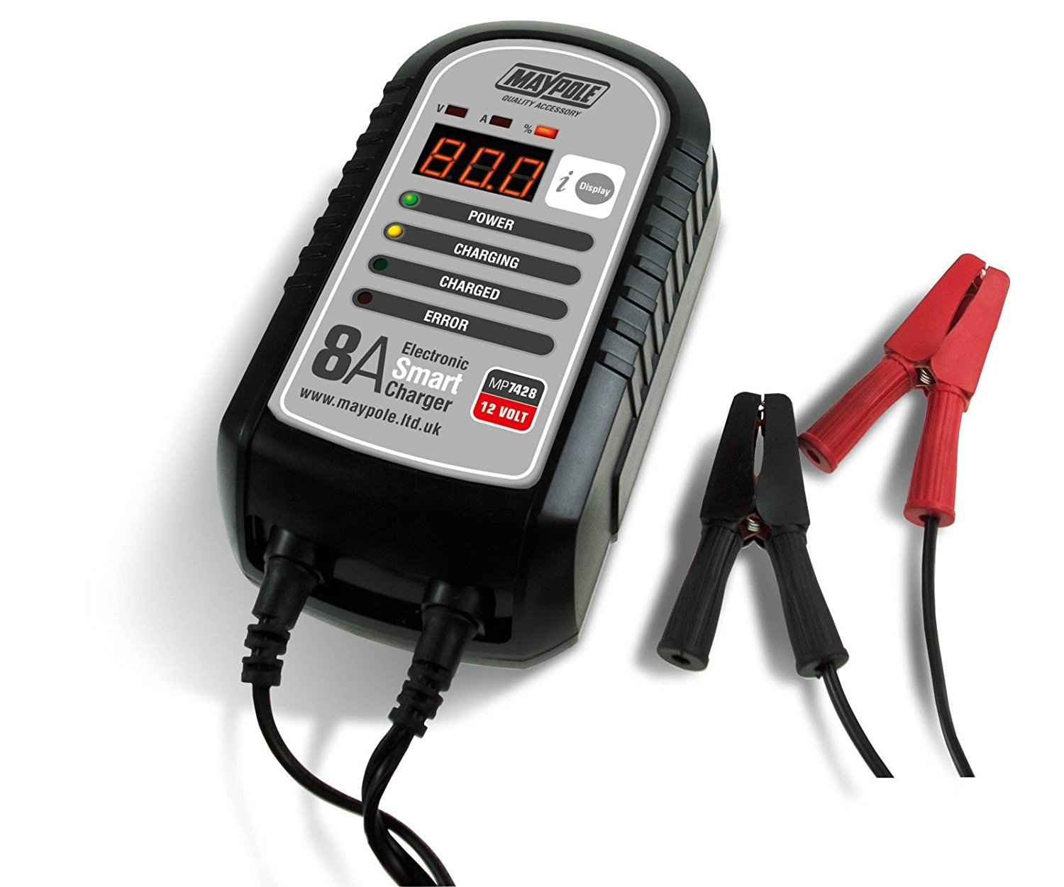 Maypole 8A 12V Electronic Smart Car Battery Charger Fully Automatic 9 Stage Charging Cycle Lead Acid AGM Car Van Caravan Motorhome Tractor