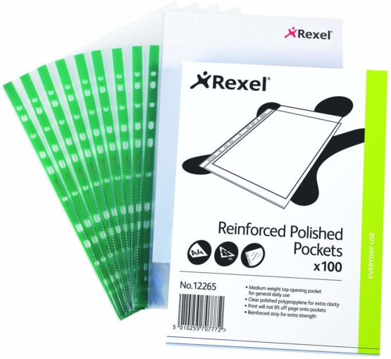 Rexel Copy King A4 Punched Pockets with Green Spine, Glass Clear, Copy Safe, Pack of 100, 12265