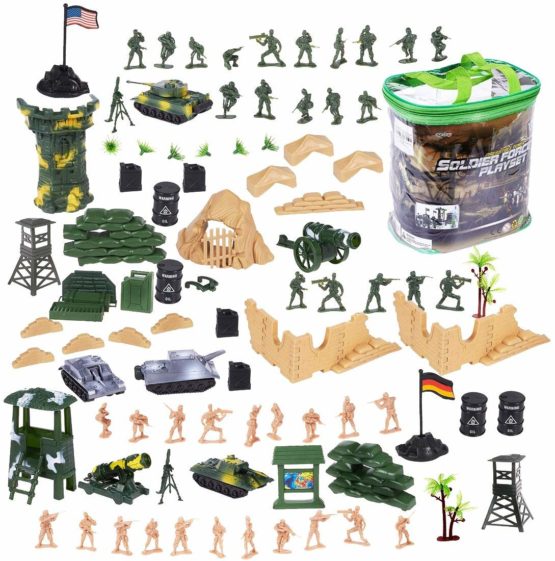deAO 100 Piece Military Play Set with Toy Soldiers; Military Figures; Tanks; Planes; Flags; Carry Case and Battlefield Accessories