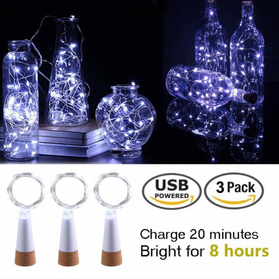 LED Wine Bottle Lights, USB Rechargeable No Battery Required, 6.5ft (2M) Copper Wire 20 LED, Cork Light for Christmas Halloween Gift, Outdoor BBQ Party Wedding Holiday Decoration (Cold White, 3 Pack) - Image 2