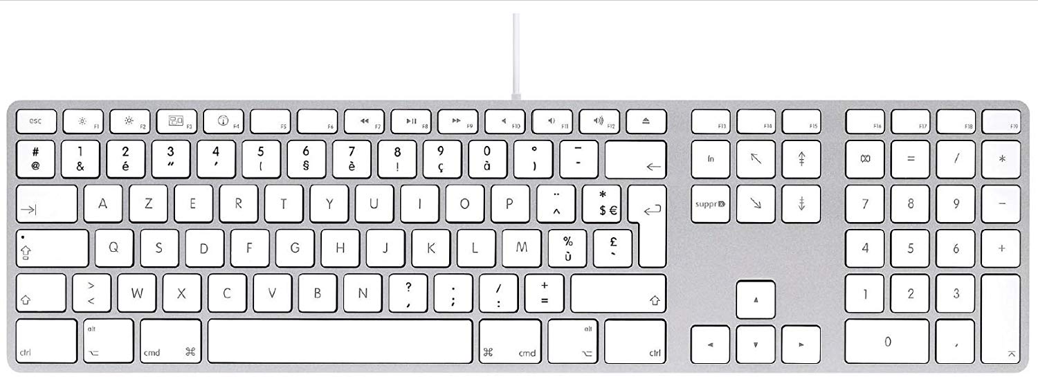 LMP - French Keyboard With Numeric Keypad, Aluminium Top Cover and 2 USB Ports - For MAC, silver, 43x11,5x2,8