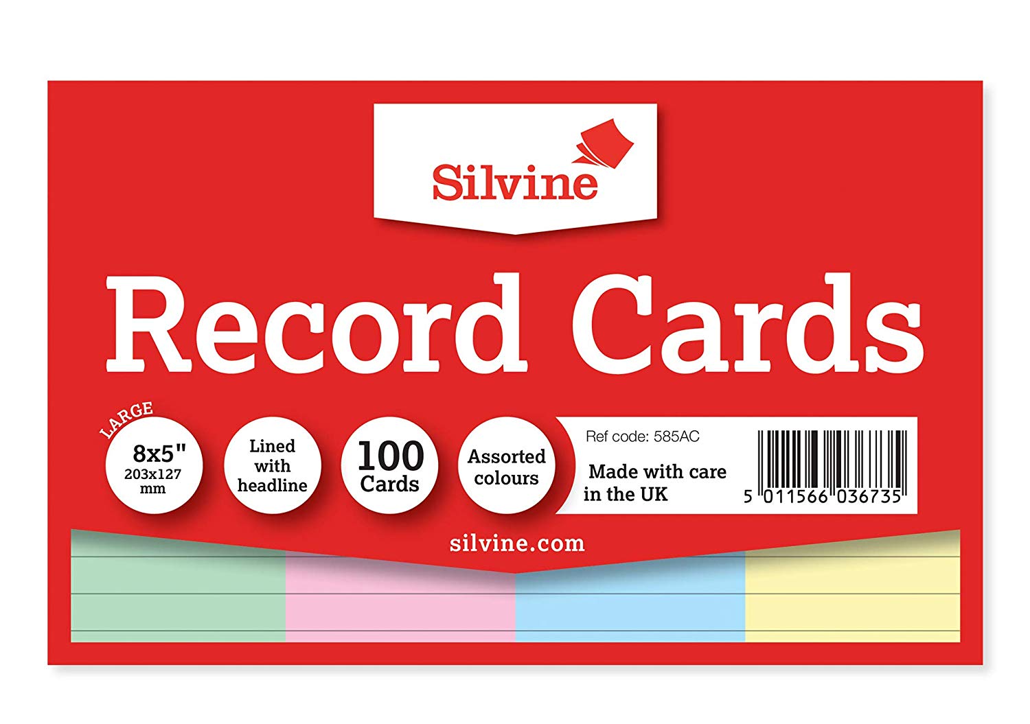 Silvine 8x5 Multi-Coloured Record Cards - Lined with Headline, 100 Cards per Pack. Ref 585AC (203 x 127mm)