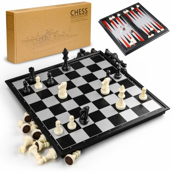 Gibot 3 in 1 Chess Board Set, 31.5CM x 31.5CM Magnetic Chessboard with Chess, Checkers, Backgammon for Kids and Adult, Foldable and Portable Game Board for Travel , Black and White
