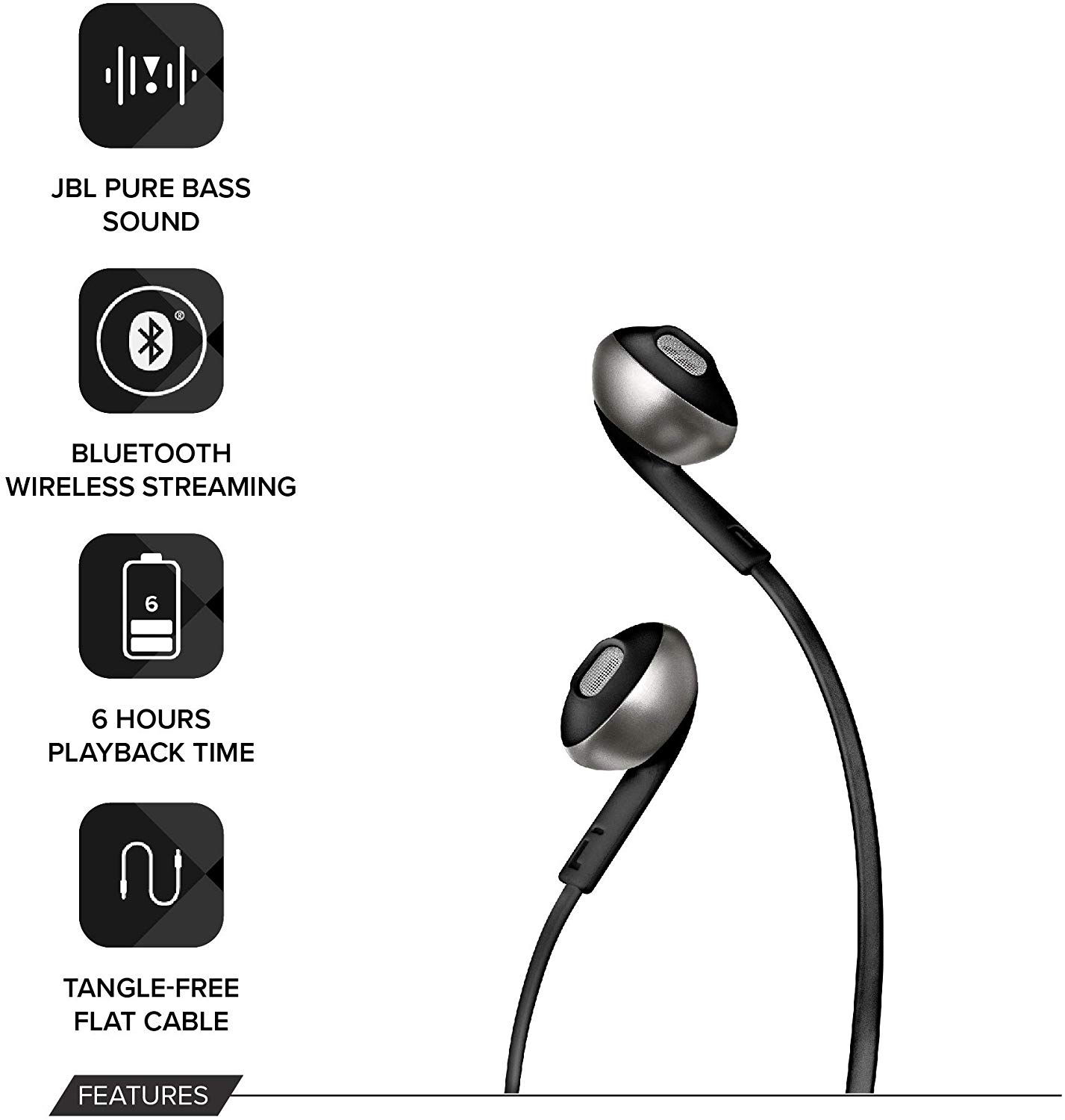 JBL Tune 205 BT Wireless In-Ear Earbud Headphones with Bluetooth, Microphone and Flat Tangle-Free Cable, Black - Image 2